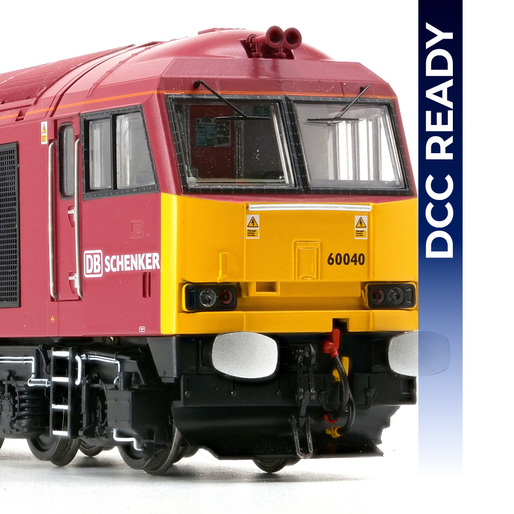 Model train with red and yellow design, featuring DB Schenker branding, on a white background.