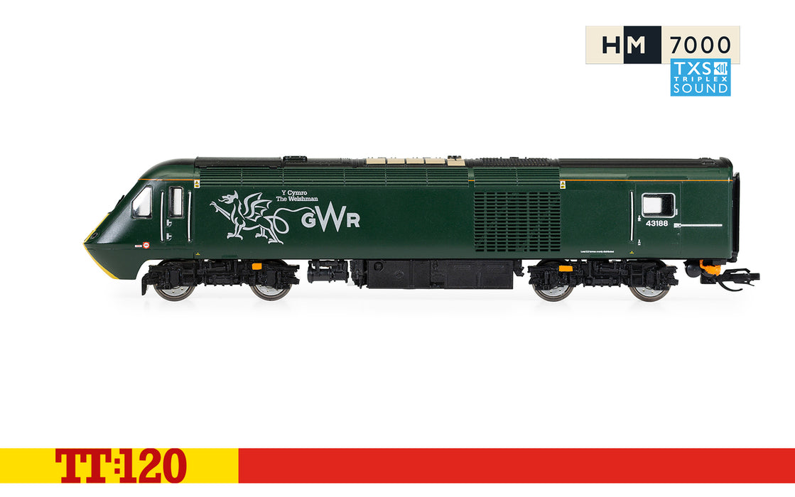 Hornby TT:120 scale Class 43 HST power cars in GWR green.